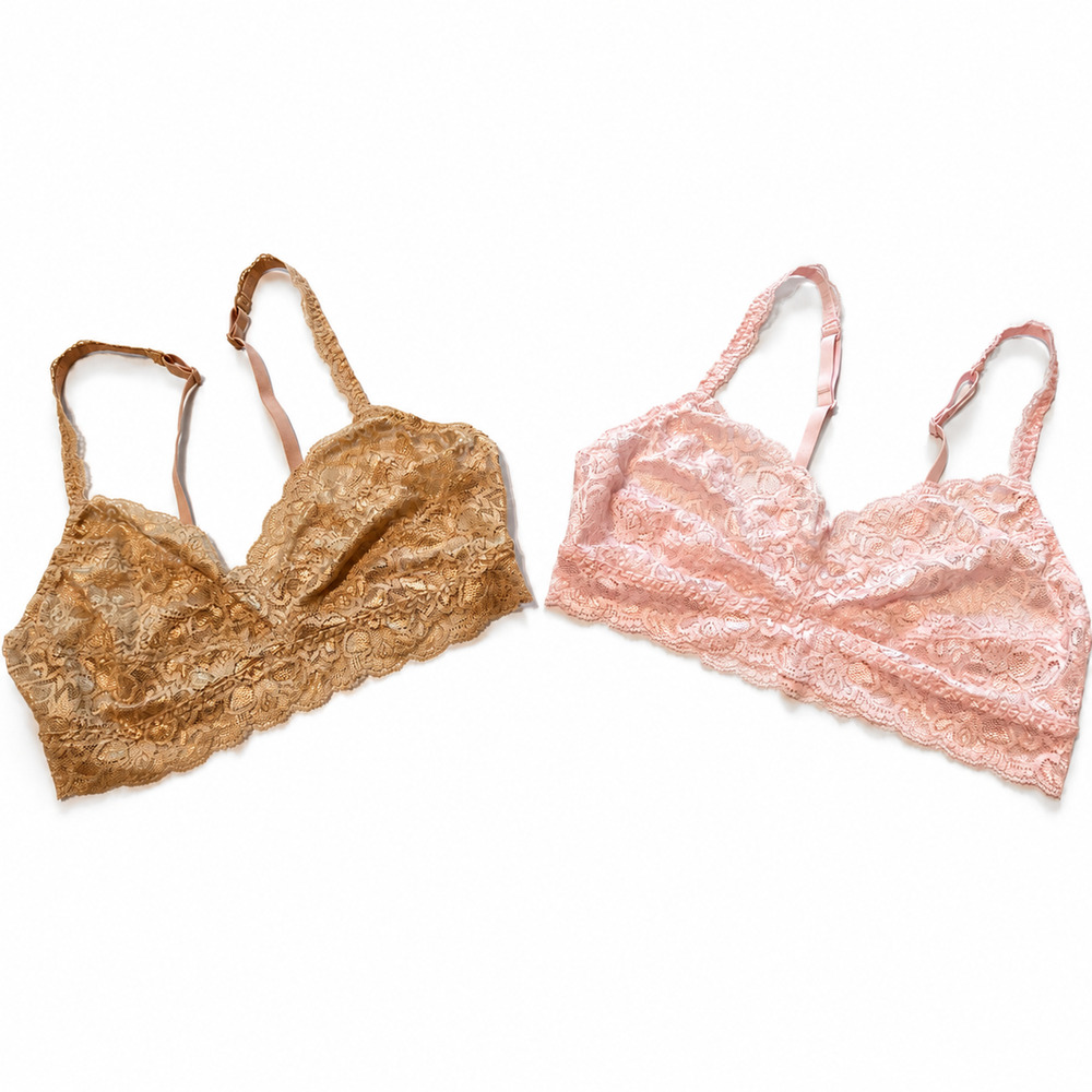 Quince Lace Bralette Womens Medium Pink Brown 2 Pack Scalloped Semi Sheer NWOT - Picture 1 of 9